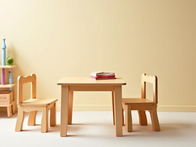 Robuste Kindermöbel aus Ahorn, bestehend aus einem Tisch und zwei Stühlen